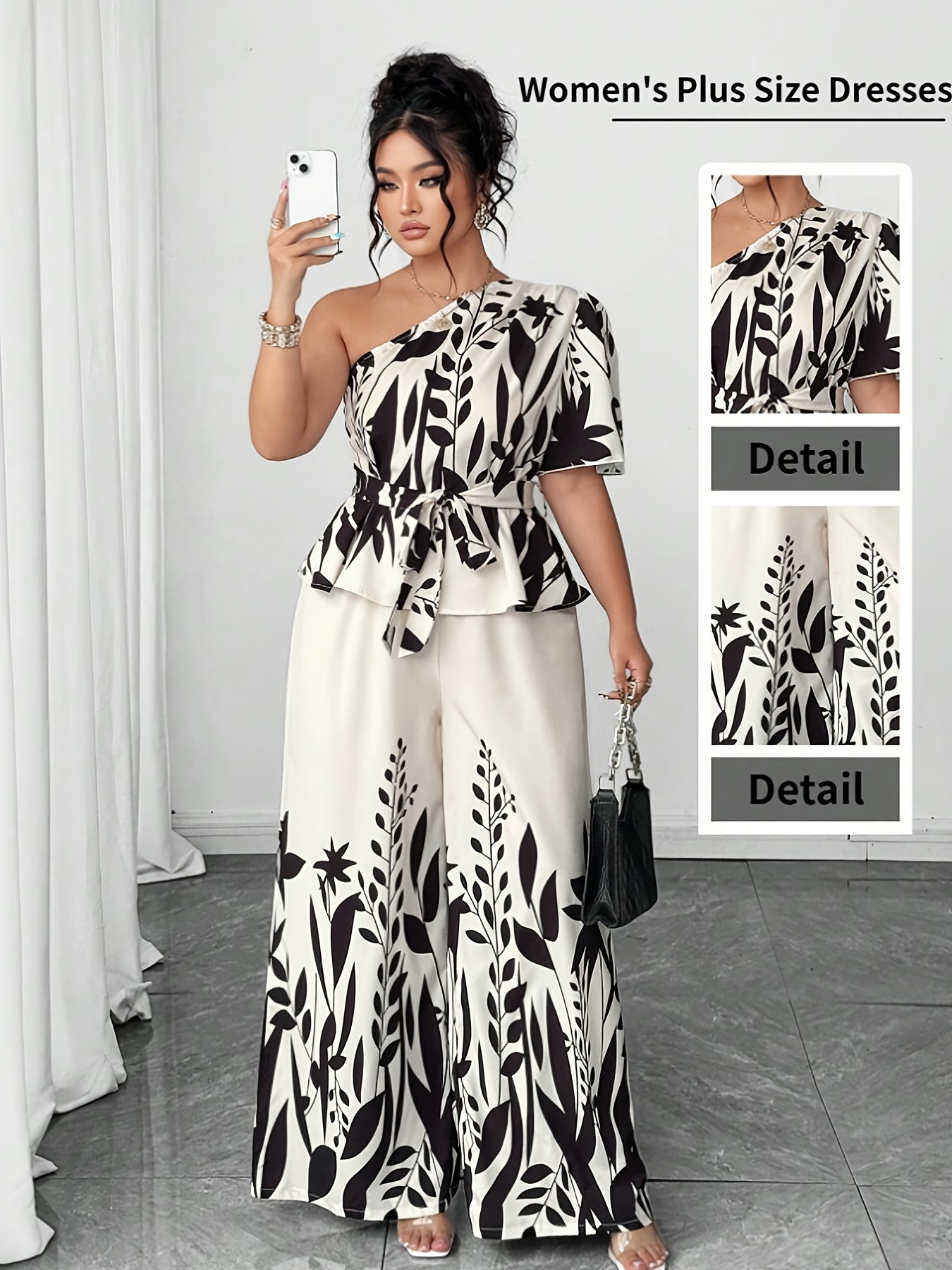 Plus Size - Plus Size - Plus Size Women'S Elegant Black & White Floral Off-Shoulder Two-Piece Set with Adjustable Waist Bow Tie - Slim-Fit Pantsuit, Structured Non-Stretch Fabric for Casual to Semi-Formal Events, Beach Outfit