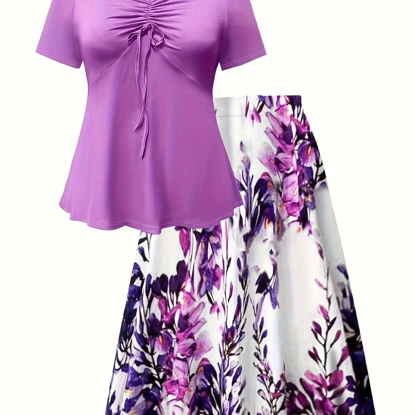 Women's Plus Size Elegant Spring & Summer Skirt Set - Solid Color Tie Front V Neck Short Sleeve Top & Floral Print Skirt Outfits - For Women Size 14-24 - Perfect for Casual & Party Occasions - Ideal Gift for Women