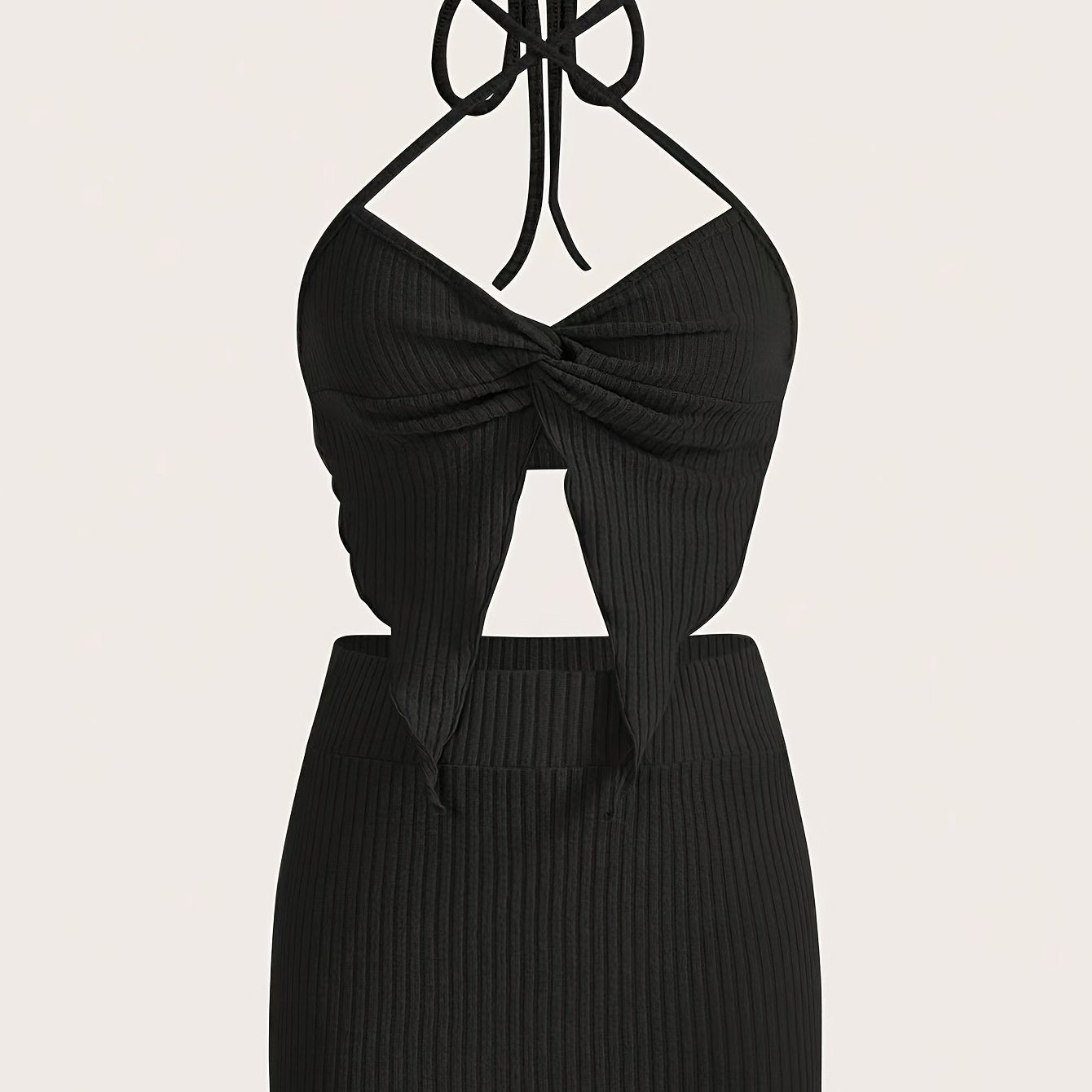 Two-piece Solid Slim Y2K Skirt Set, High Waist Ribbed Skirt & Twist Halter Crop Cami Top Outfits for Women
