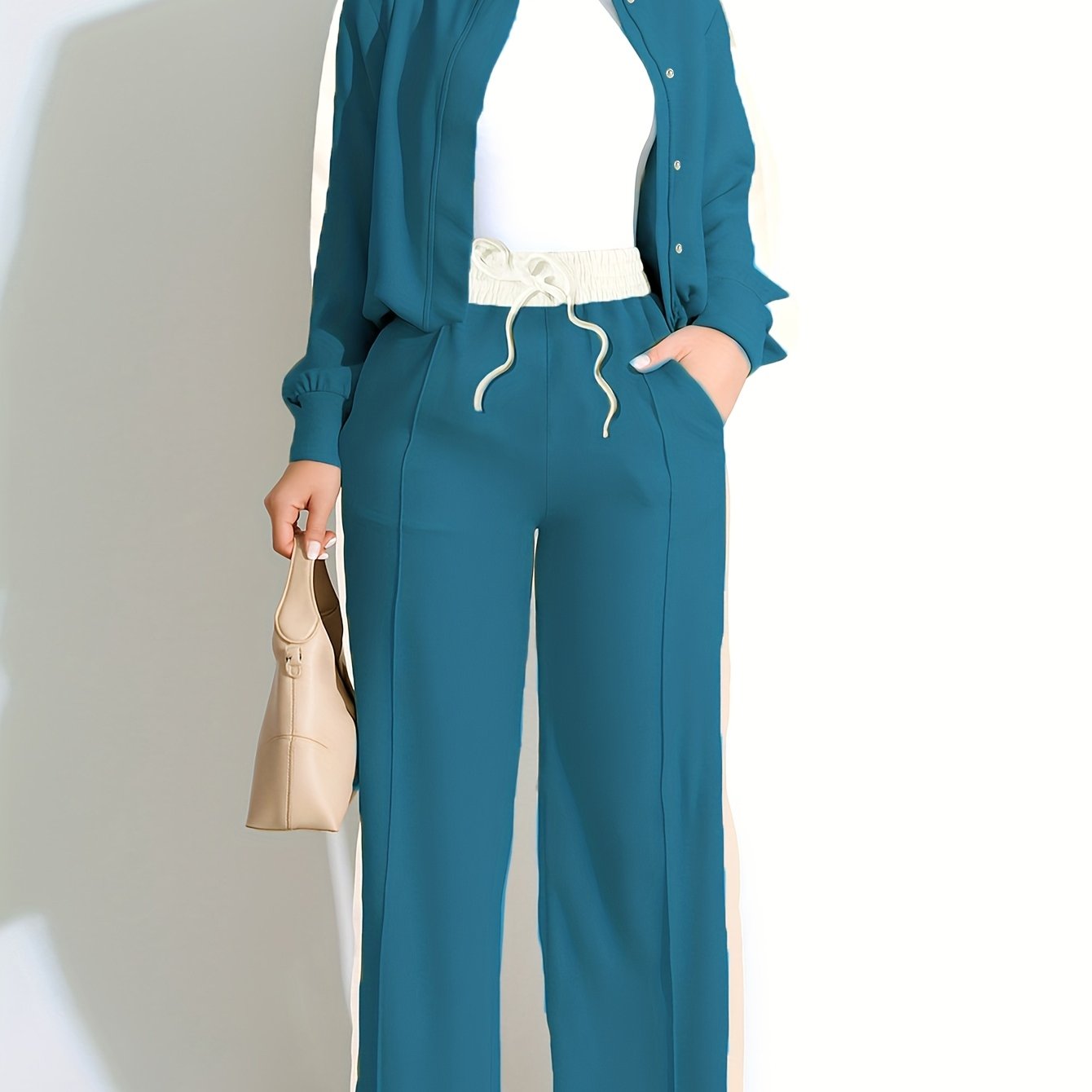 Women's Casual Two-Piece Set Zip-up Bomber Jacket & High-Waist Jogger Pants with Side Stripes, Trendy And Comfortable, Tracksuits Sets For Ladies, Track Suits Women Two Piece, Track Suits Sets For Women, Sweat Suits Women Two