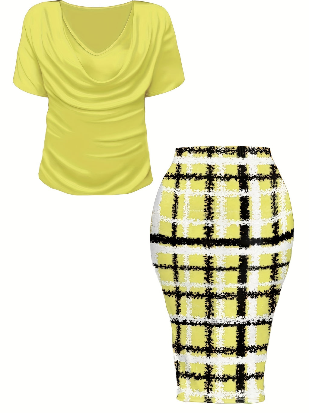 Women's Plus Size Plaid Print Two-piece Set, Cowl Neck Short Sleeve Top & Skirt Outfits -  For Women Size 14-24 - Casual & Stylish - Perfect for Fall/Winter - Great Gift for Fashionable Women