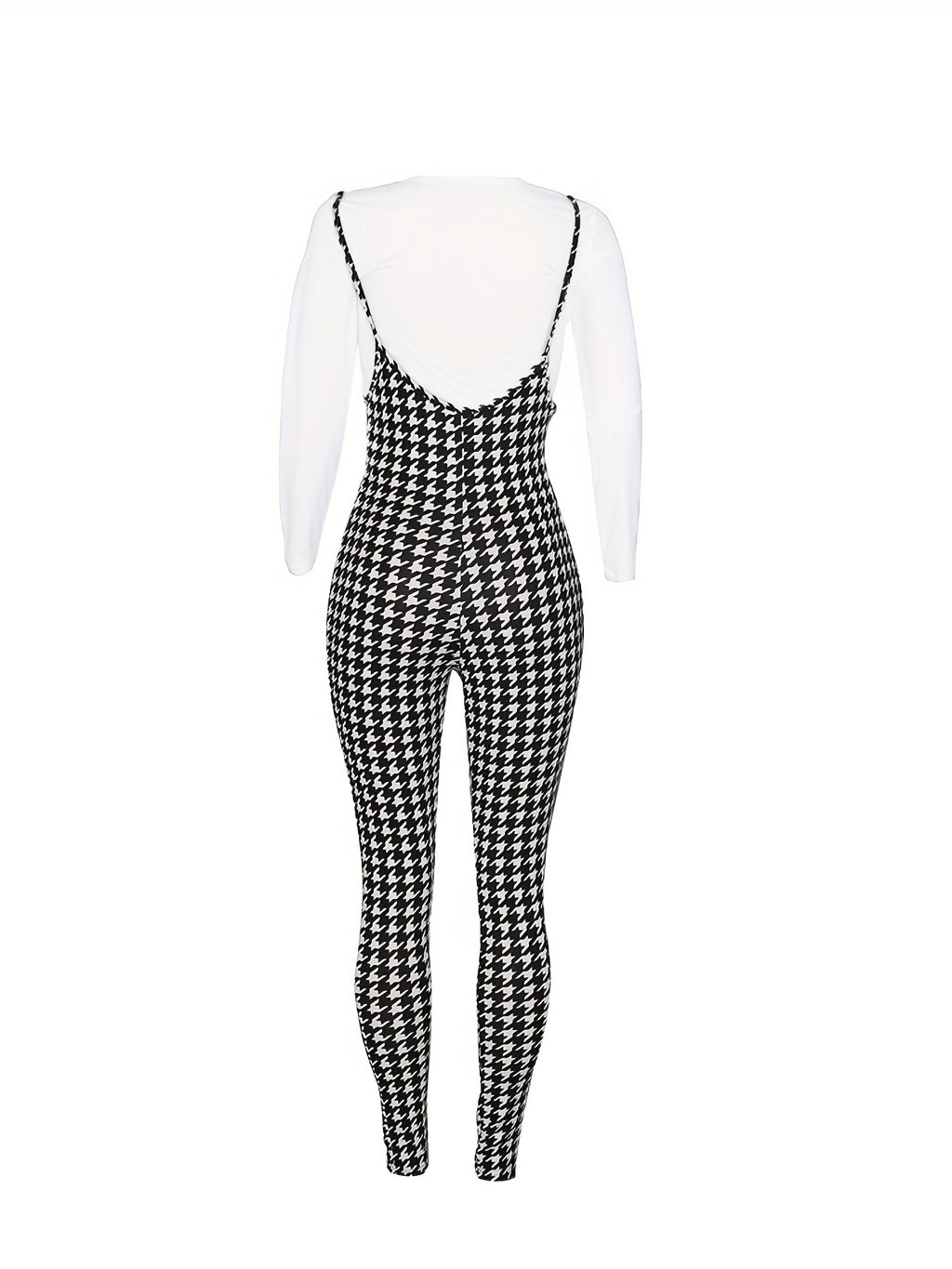 two-piece Houndstooth Print Long Sleeve T-Shirt & Cami Jumpsuit Set, Women's Casual Outfit