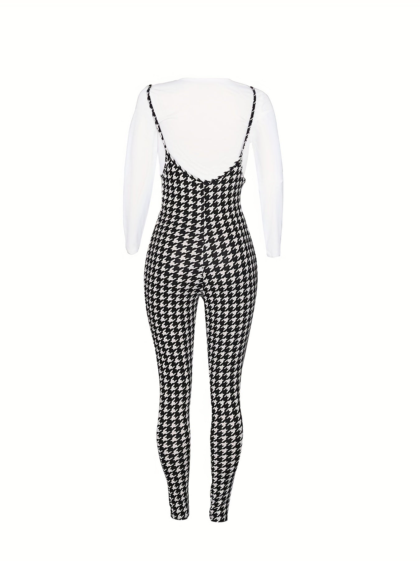 two-piece Houndstooth Print Long Sleeve T-Shirt & Cami Jumpsuit Set, Women's Casual Outfit