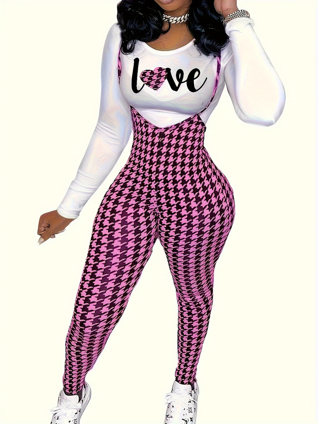 two-piece Houndstooth Print Long Sleeve T-Shirt & Cami Jumpsuit Set, Women's Casual Outfit