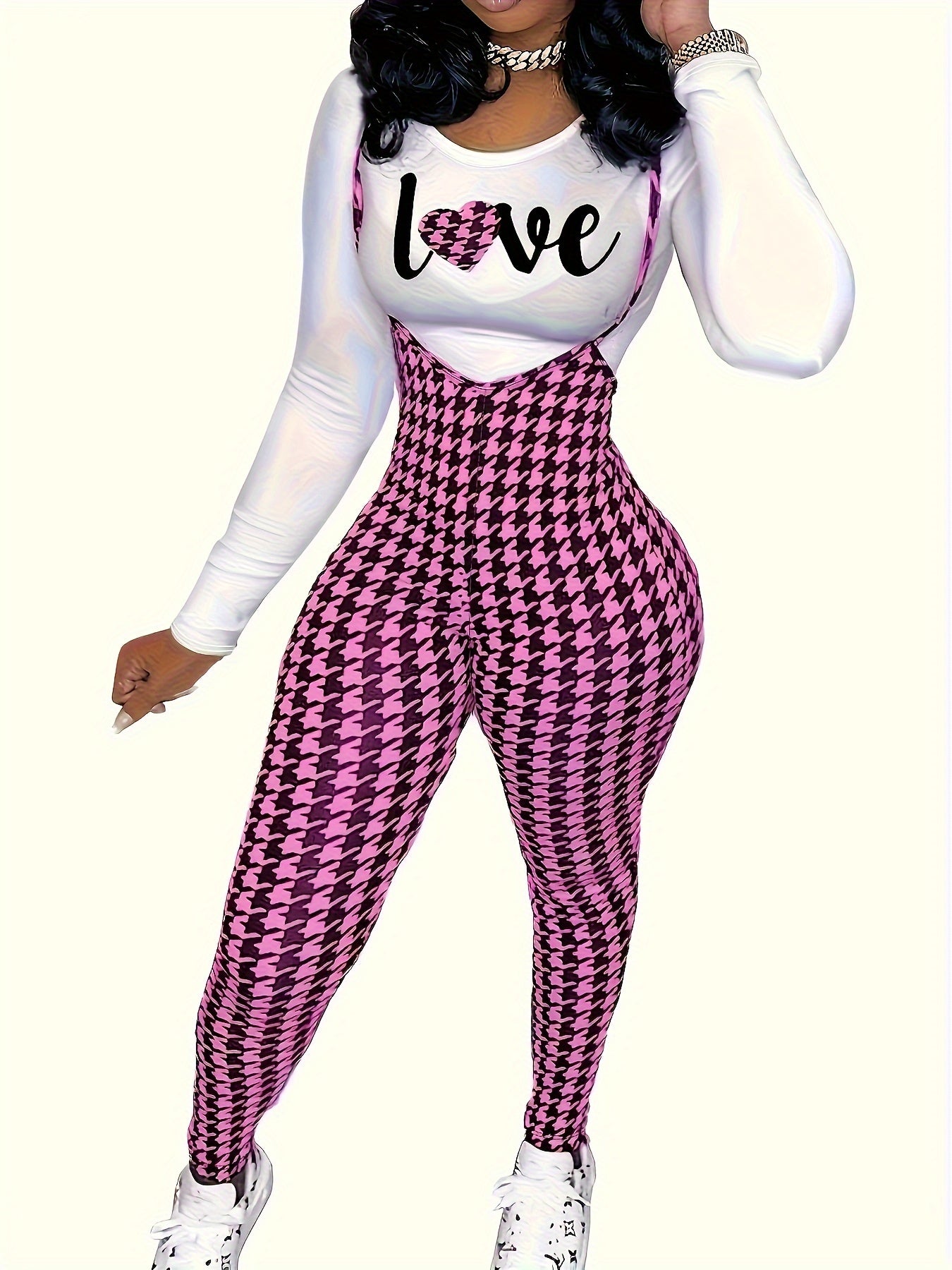 two-piece Houndstooth Print Long Sleeve T-Shirt & Cami Jumpsuit Set, Women's Casual Outfit