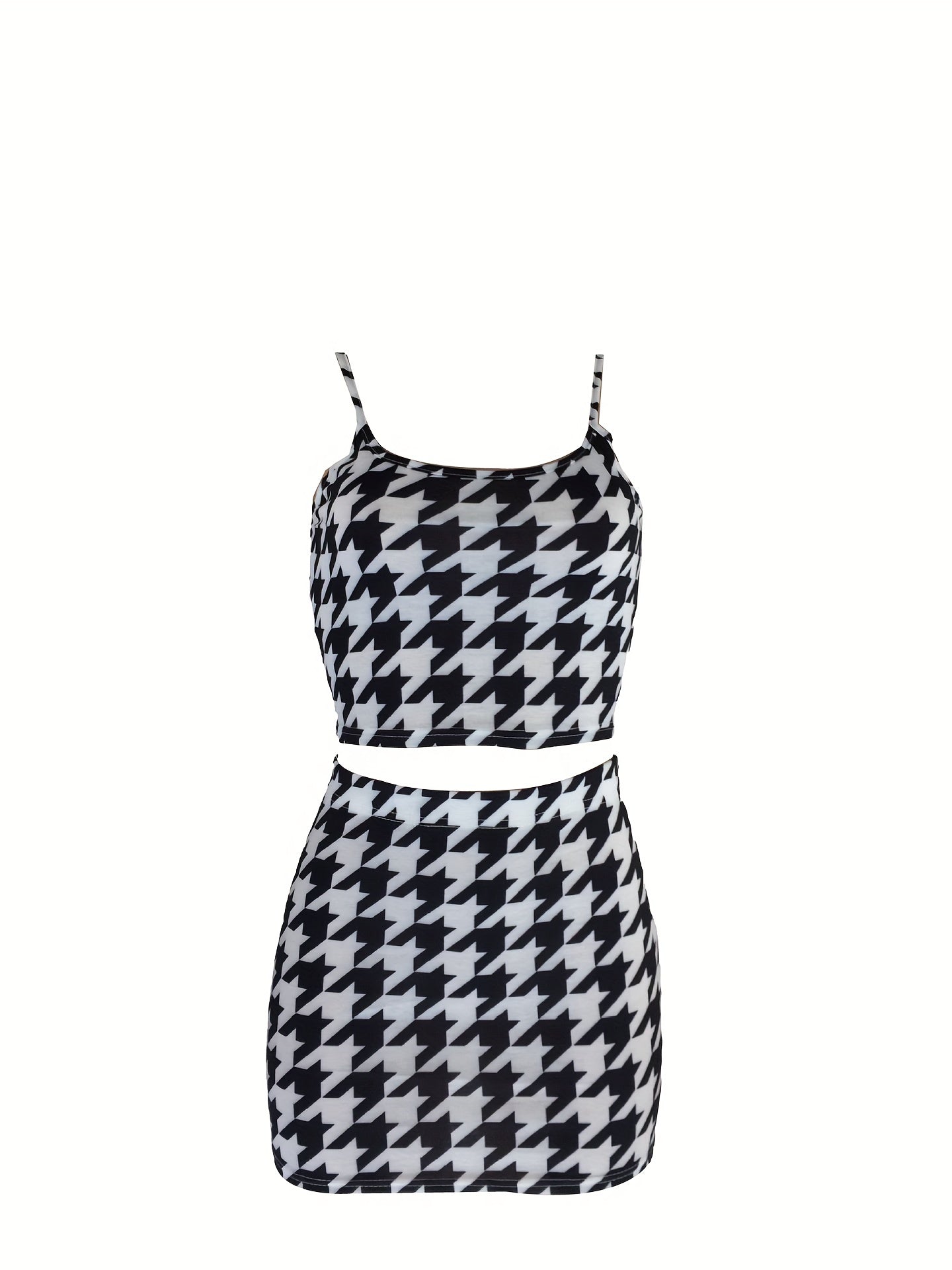 two-piece Women's Sexy Houndstooth Skirt Set - Crop Cami Top and Bodycon Skirt Outfit for a Flattering and Fashionable Look
