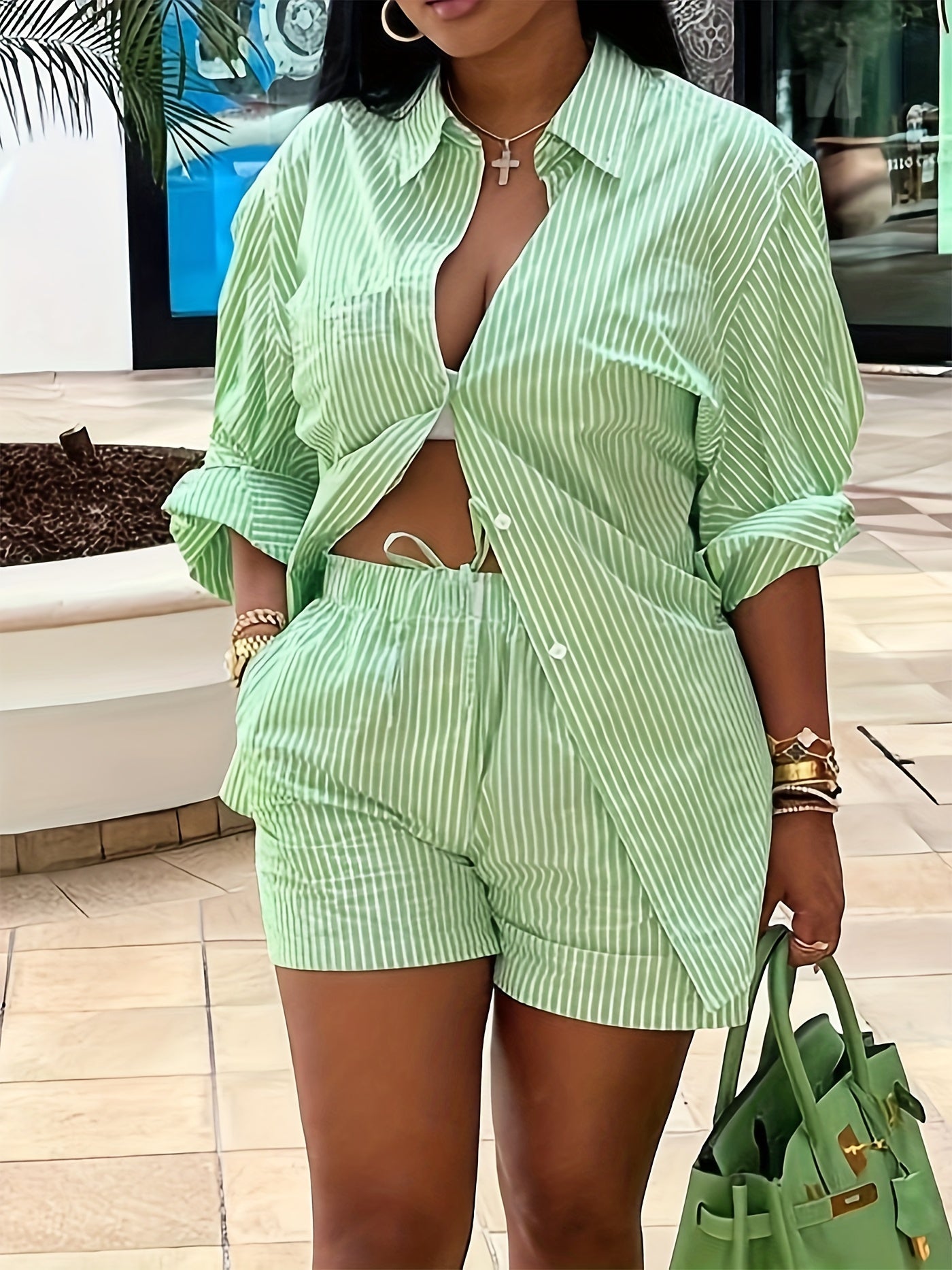Striped Matching Two-piece Set, Casual Long Sleeve Shirt & Drawstring Shorts Outfits, Women's Clothing