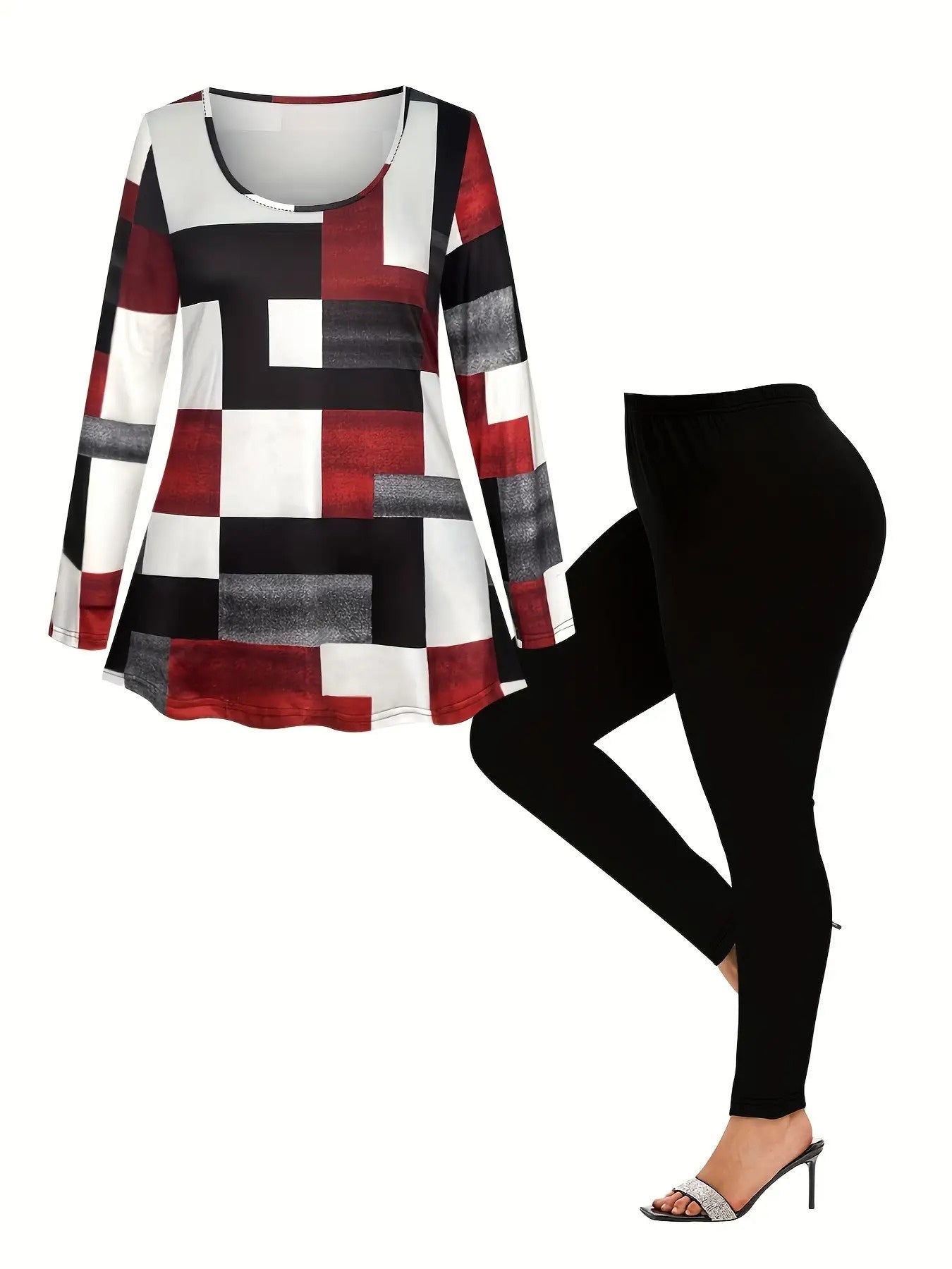 Women's Plus Size Plaid Print Two-Piece Set - Red Black White Gray Brown Geometric Tartan Pattern Crew Neck Long Sleeve Top & Wide-Leg Trousers, All-Season Casual to Formal Outfits, Versatile Everyday & Special Occasion Outfi