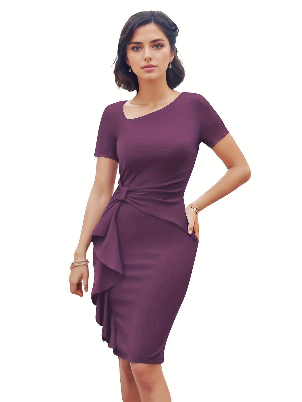 Women's Stretchy Bodycon Dress - Elegant Ruched Detailing & Asymmetrical Hem, Machine Washable Solid Color Party & Casual Dress for Spring Summer Fall, Casual Summer Dresses, Seasonal Fashion, Highelasticity Fabric