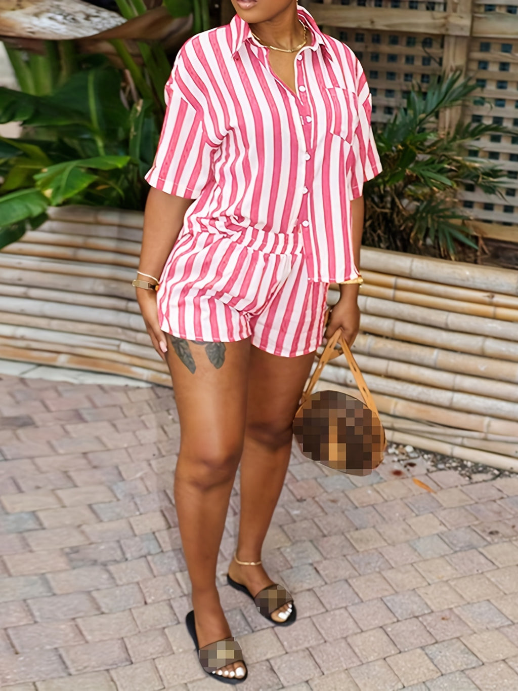 JH5963 European and American Women's Summer Striped Print Loose Shirt Two-Piece Set