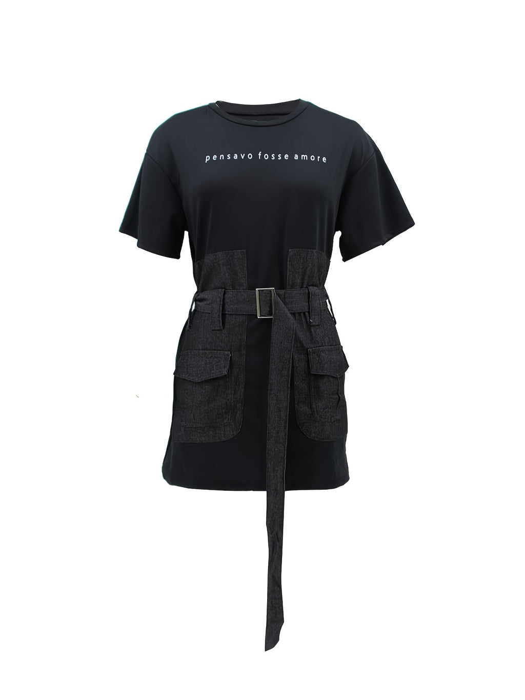 Western Crew Neck Belt Dress, Casual Loose Short Sleeve Denim Stitching Waist Summer Dresses, Women's Clothing
