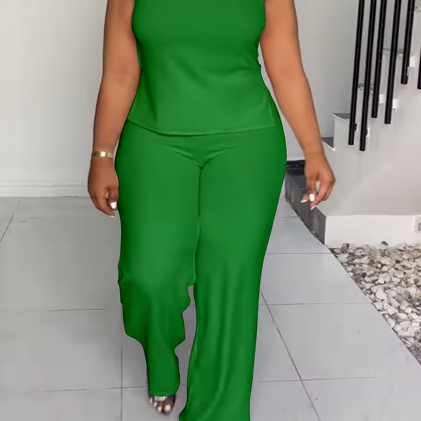 Plus Size Elegant Lash Sets - High Neck, Split Sleeveless Top & Slit Hem Pants, Medium Stretch Polyester, Machine Washable, Solid Color, No Printing - Summer Outfits for Women