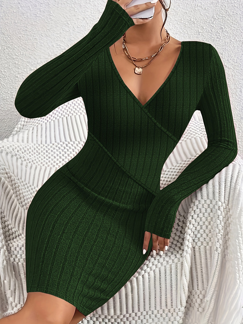 Vibrant Ribbed Bodycon Dress - Elegant Women's Long Sleeve V Neck Dresses for Everyday Wear - Solid Color, Comfortable, and Flattering