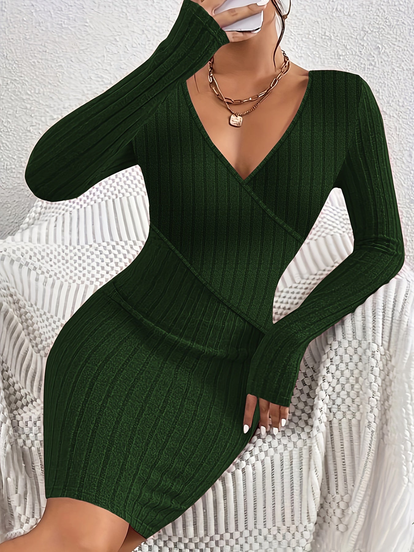 Vibrant Ribbed Bodycon Dress - Elegant Women's Long Sleeve V Neck Dresses for Everyday Wear - Solid Color, Comfortable, and Flattering