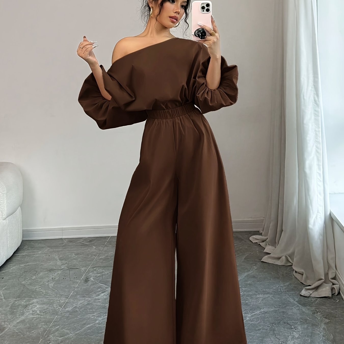 Women's Elegant Navy Blue Elegant Two-Piece Set - Structured One-Shoulder Bubble Sleeve Top & High-Waisted Wide-Leg Pants, Solid Color Winter Outfit with Puffed Sleeves, Machine Washable Formal & Everyday Winter Attire for Fa