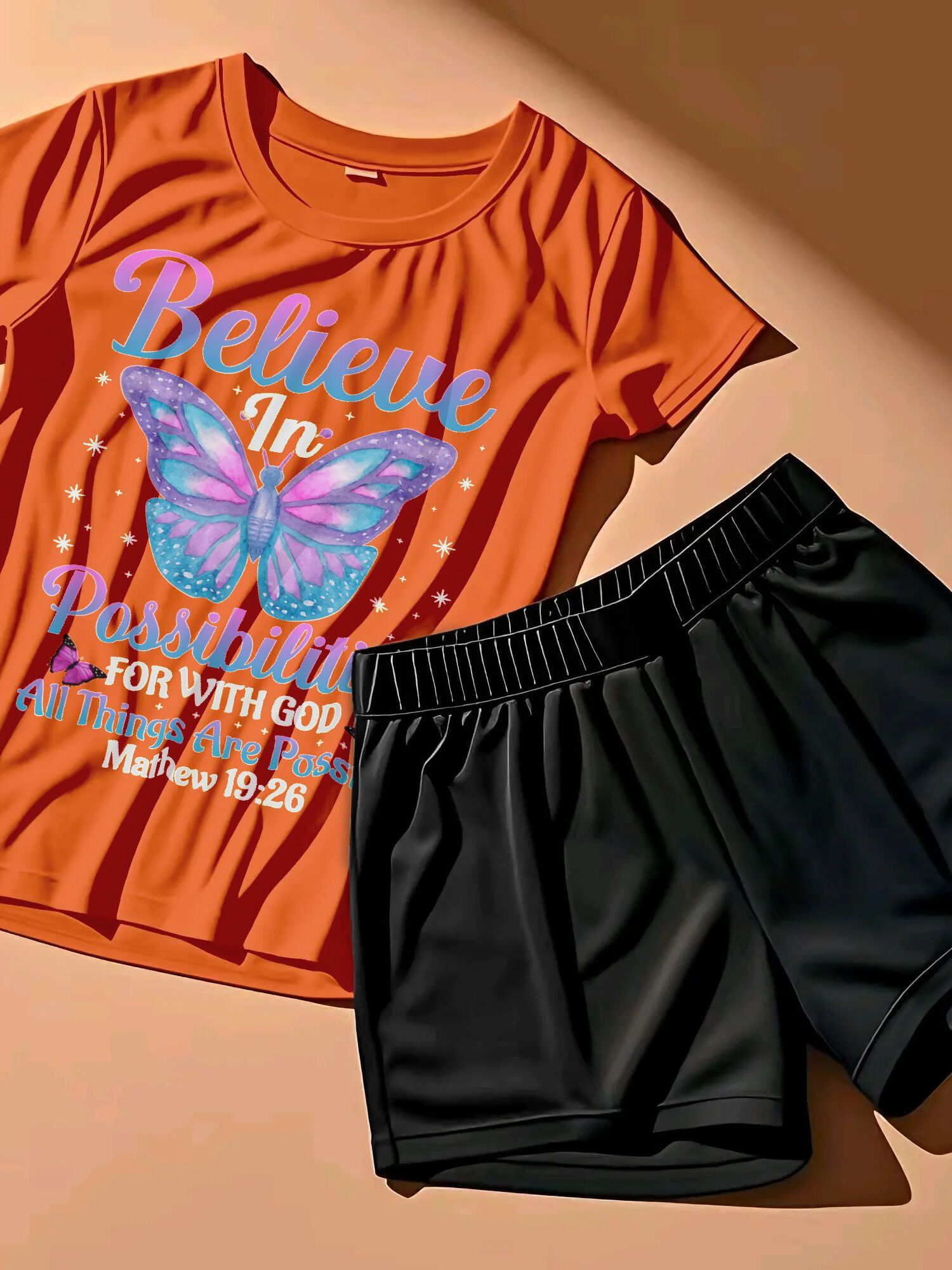Women'S Plus Size 2pcs With God All Things Are Possible Butterfly Lover Bible Verse Top and Shorts Set, Black Casual Loose Short-Sleeved T-shirt Shorts, Summer Curve Jogger Sets Vacation Outfits for Women, Birthday Mother'S D