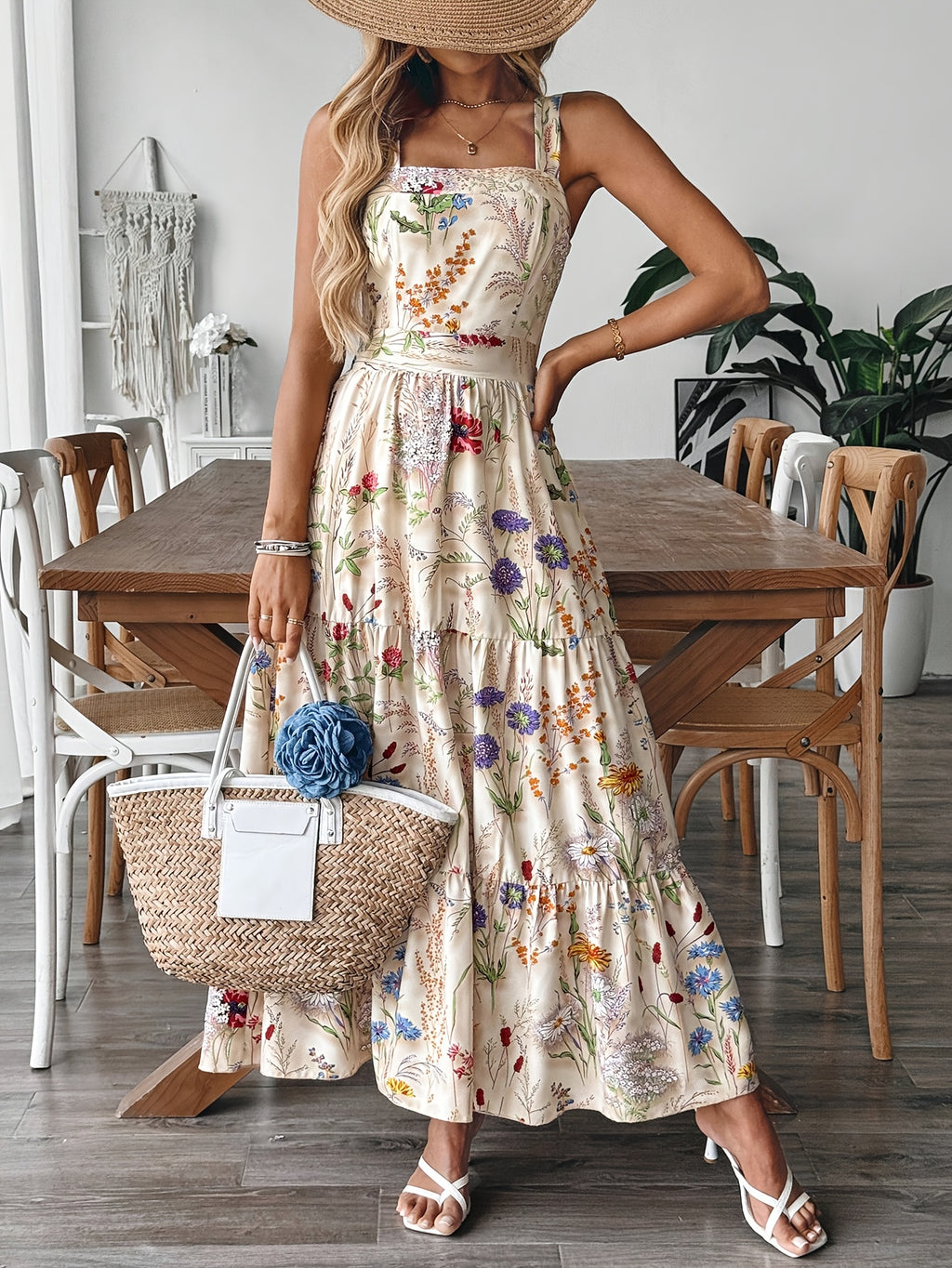 Women'S Floral Print Sleeveless A-Line Dress - Elegant Square Neck Summer Dress with Back Bow Detail, Blue & White Floral Print, Lightweight Breathable Fabric for Casual, Office & Vacation Wear, Casual Summer Dresses, Flowy F