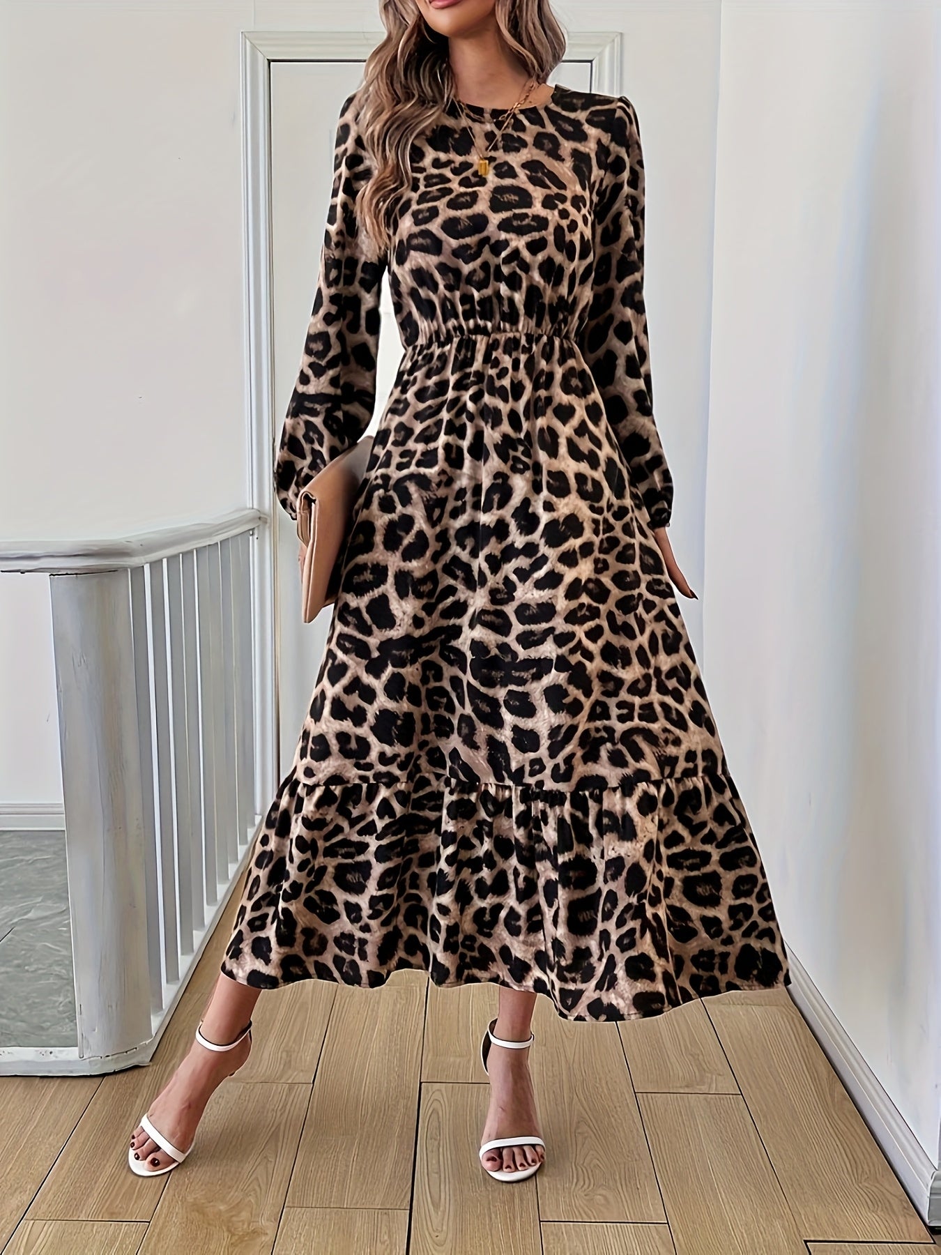 100% Polyester Leopard Print Crew Neck Long Sleeve Midi Dress for Women - A-Line Vacation Style Fall/Winter Dress
