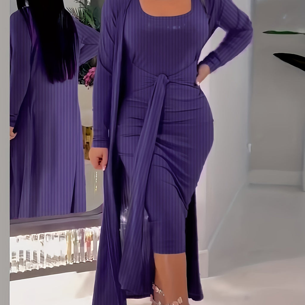 Two-piece Casual Solid Dress Set, Open Front Cardigan & Tie-waist Tank Dress Outfits for Women