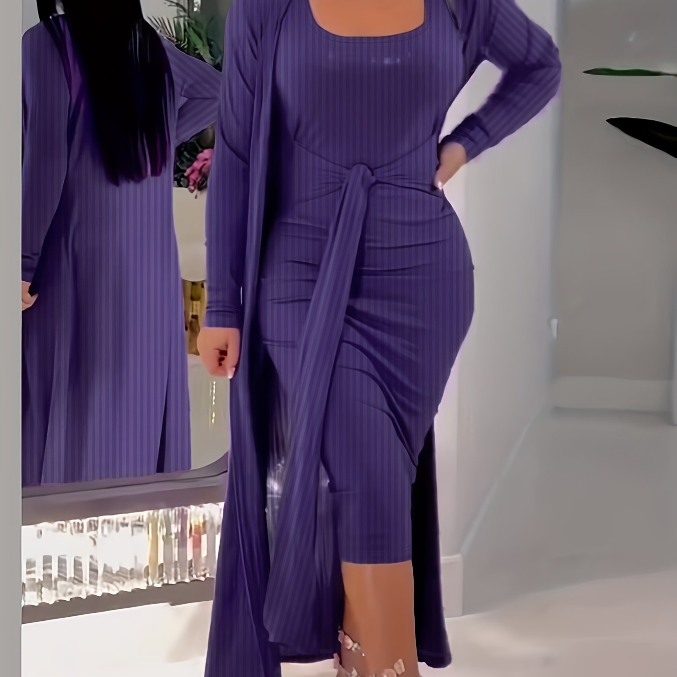 Two-piece Casual Solid Dress Set, Open Front Cardigan & Tie-waist Tank Dress Outfits for Women