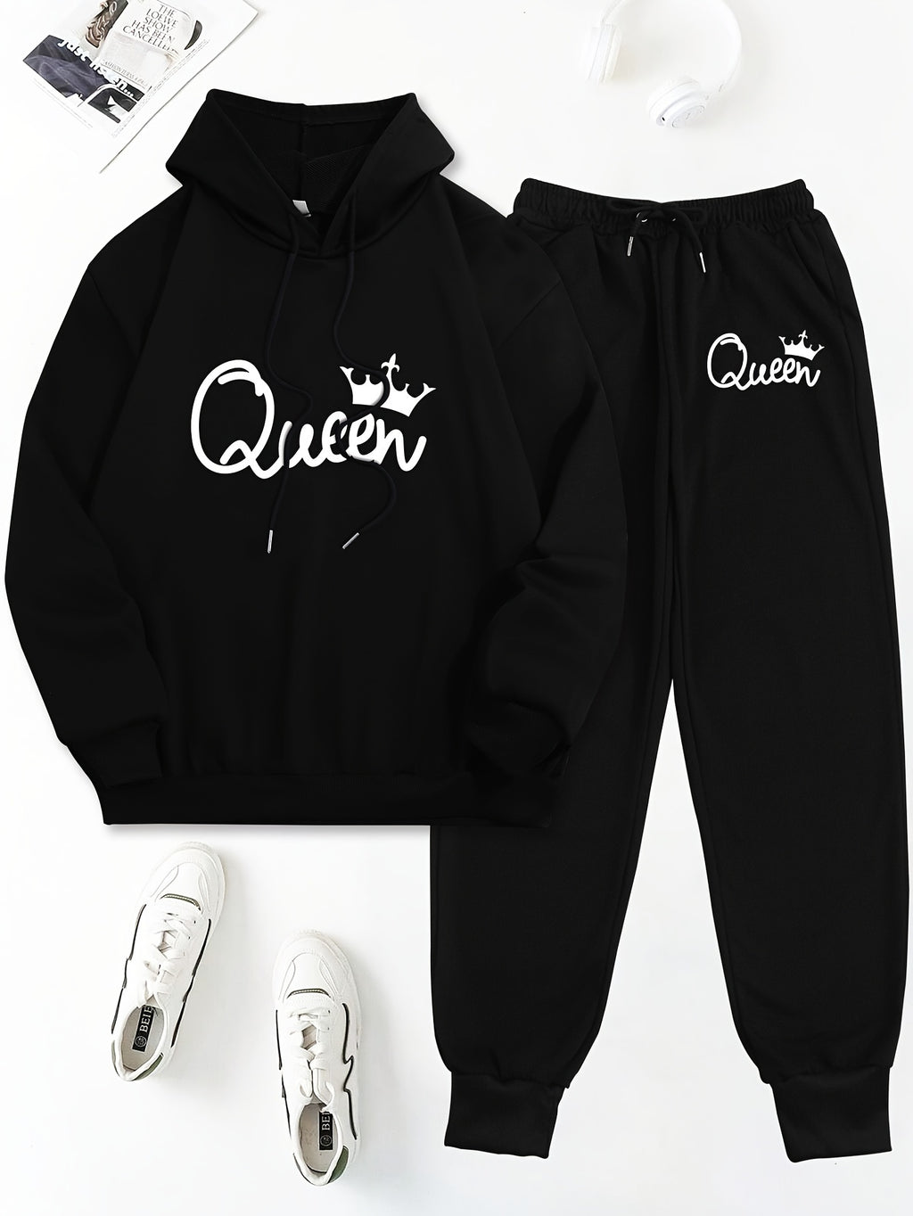 Queen Letter Print Two-Piece Set - Cozy Casual Long Sleeve Hoodie & Drawstring Sweatpants Outfits for Women - Soft Fleece Lining, Relaxed Fit, and Stylish Letter Print Design