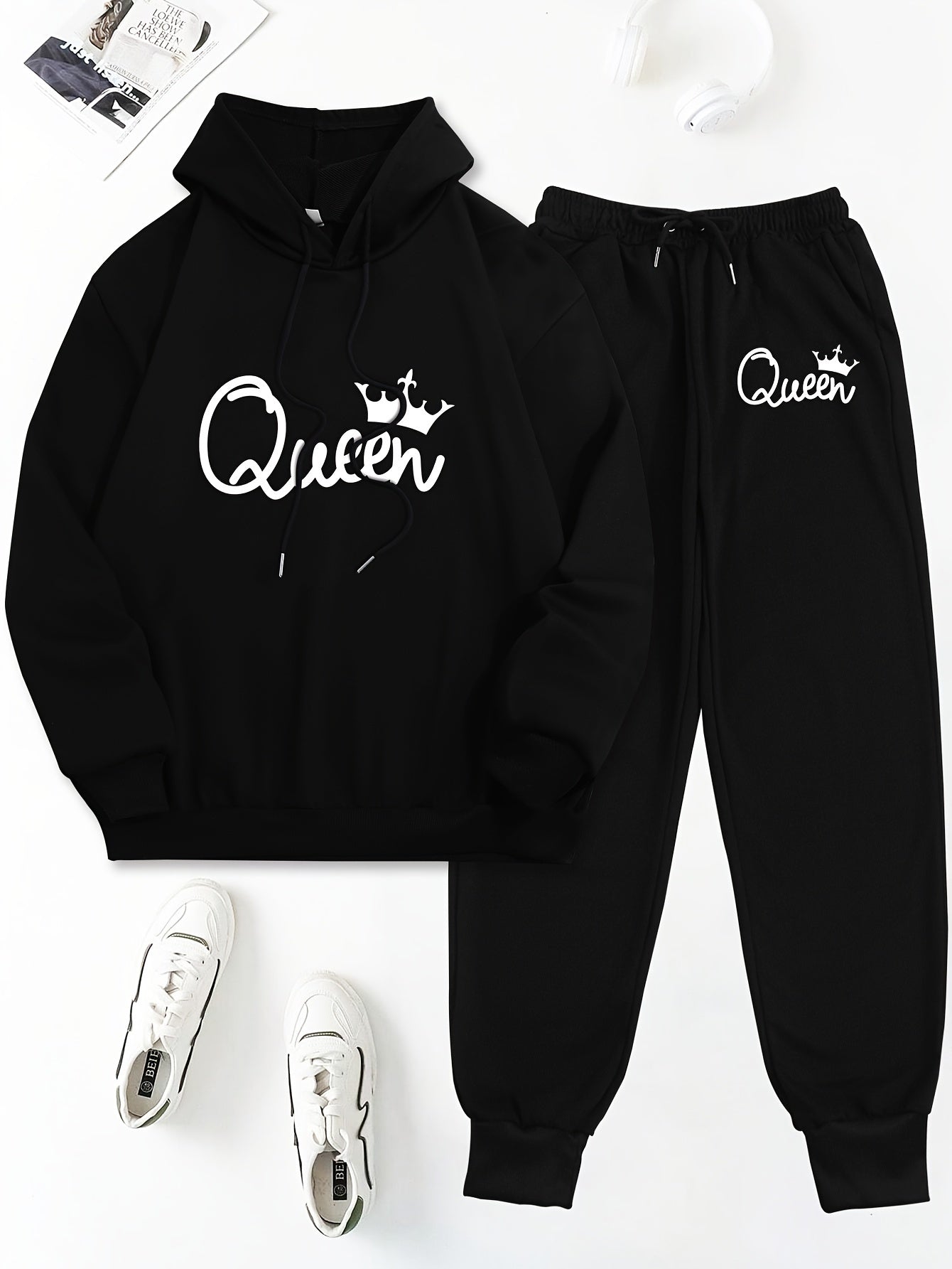 Queen Letter Print Two-Piece Set - Cozy Casual Long Sleeve Hoodie & Drawstring Sweatpants Outfits for Women - Soft Fleece Lining, Relaxed Fit, and Stylish Letter Print Design