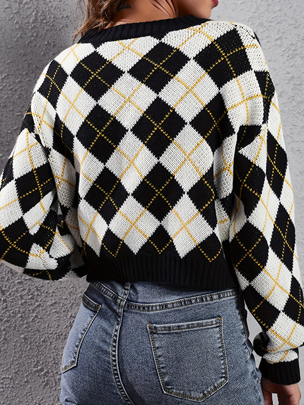 Women'S Elegant Tartan Knit Cardigan, V-Neck Short Length Sweater with Button Detail, Acrylic 100% Long Sleeve Knitwear for Fall/Winter