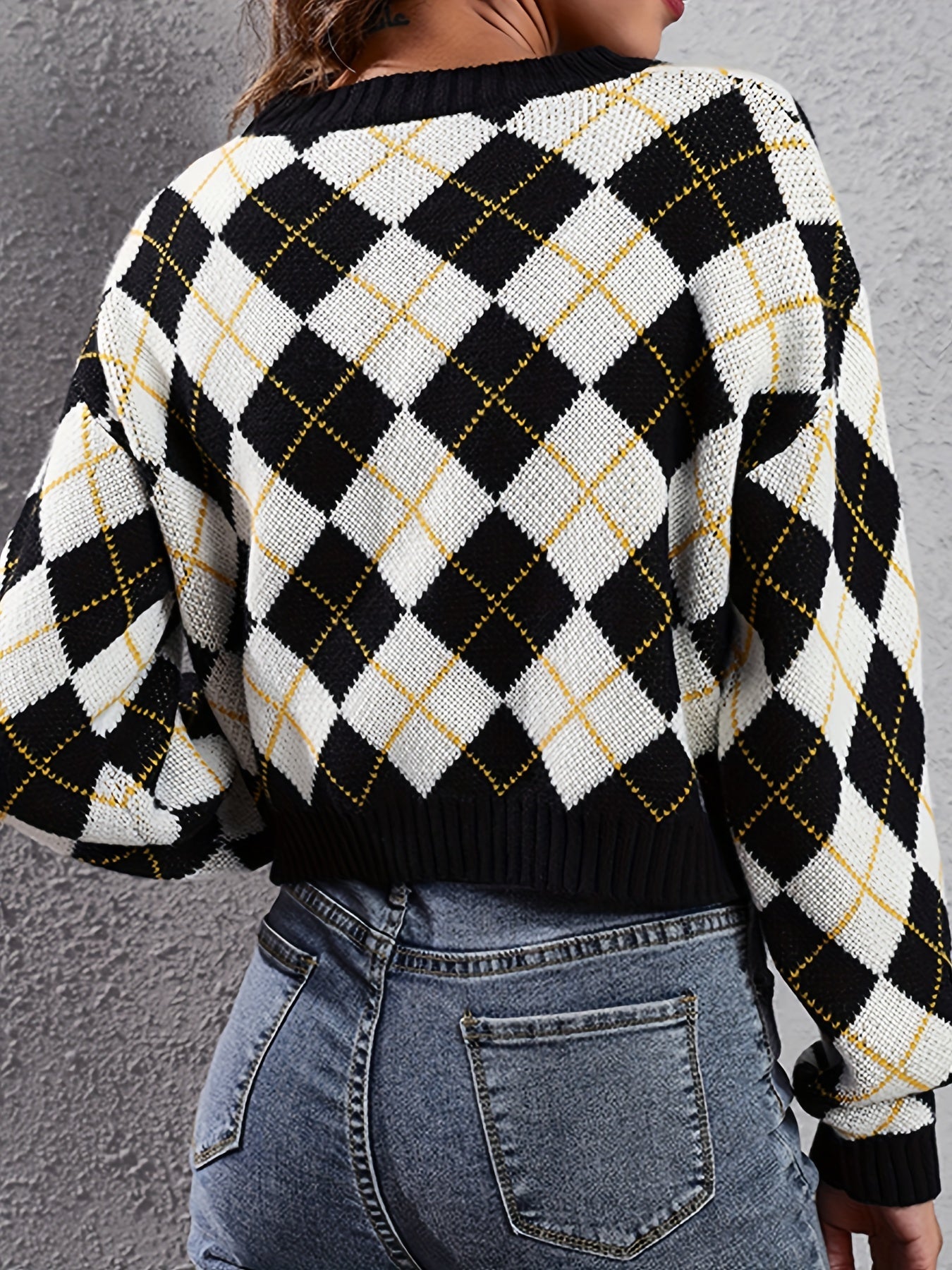Women'S Elegant Tartan Knit Cardigan, V-Neck Short Length Sweater with Button Detail, Acrylic 100% Long Sleeve Knitwear for Fall/Winter