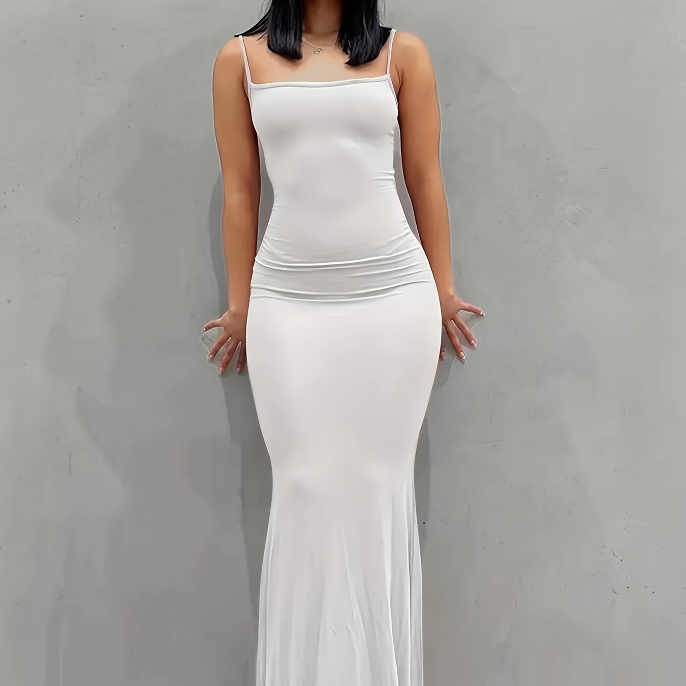 [Elegant Dress] Elegant Bodycon Maxi Mermaid Dress | Solid Slip Lounge Dresses, Scoop Neck, Women's Loungewear & Dresses