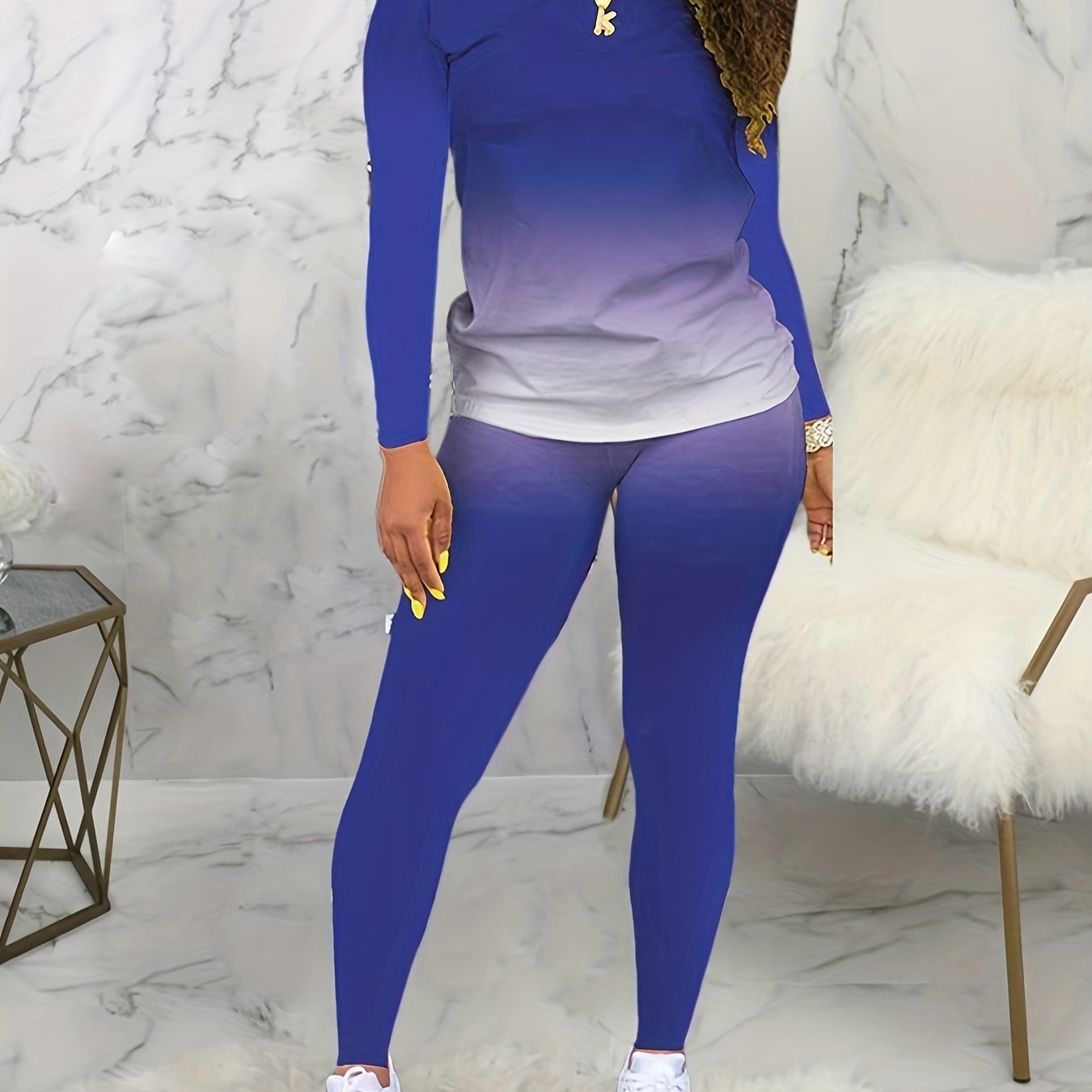 Plus Size Casual Outfits Set, Women's Plus Ombre Print Long Sleeve Round Neck Top & Pants Outfits Two Piece Set
