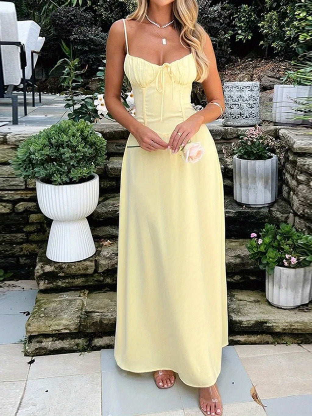 Elegant Sleeveless A-Line Midi Dress with Tie-Back Detail - Light Yellow, Flowy Summer Dress for Women, Perfect for Daily Wear, Travel, Parties, and Banquets, Cute Summer Dresses