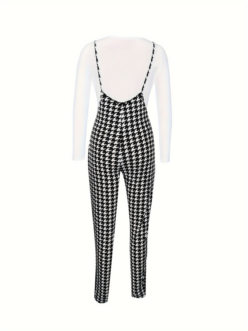 two-piece Houndstooth Print Long Sleeve T-Shirt & Cami Jumpsuit Set, Women's Casual Outfit