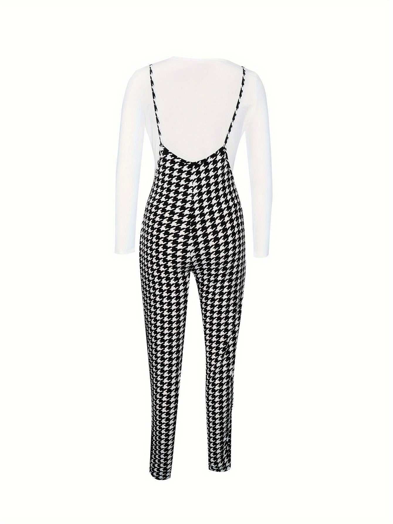 two-piece Houndstooth Print Long Sleeve T-Shirt & Cami Jumpsuit Set, Women's Casual Outfit