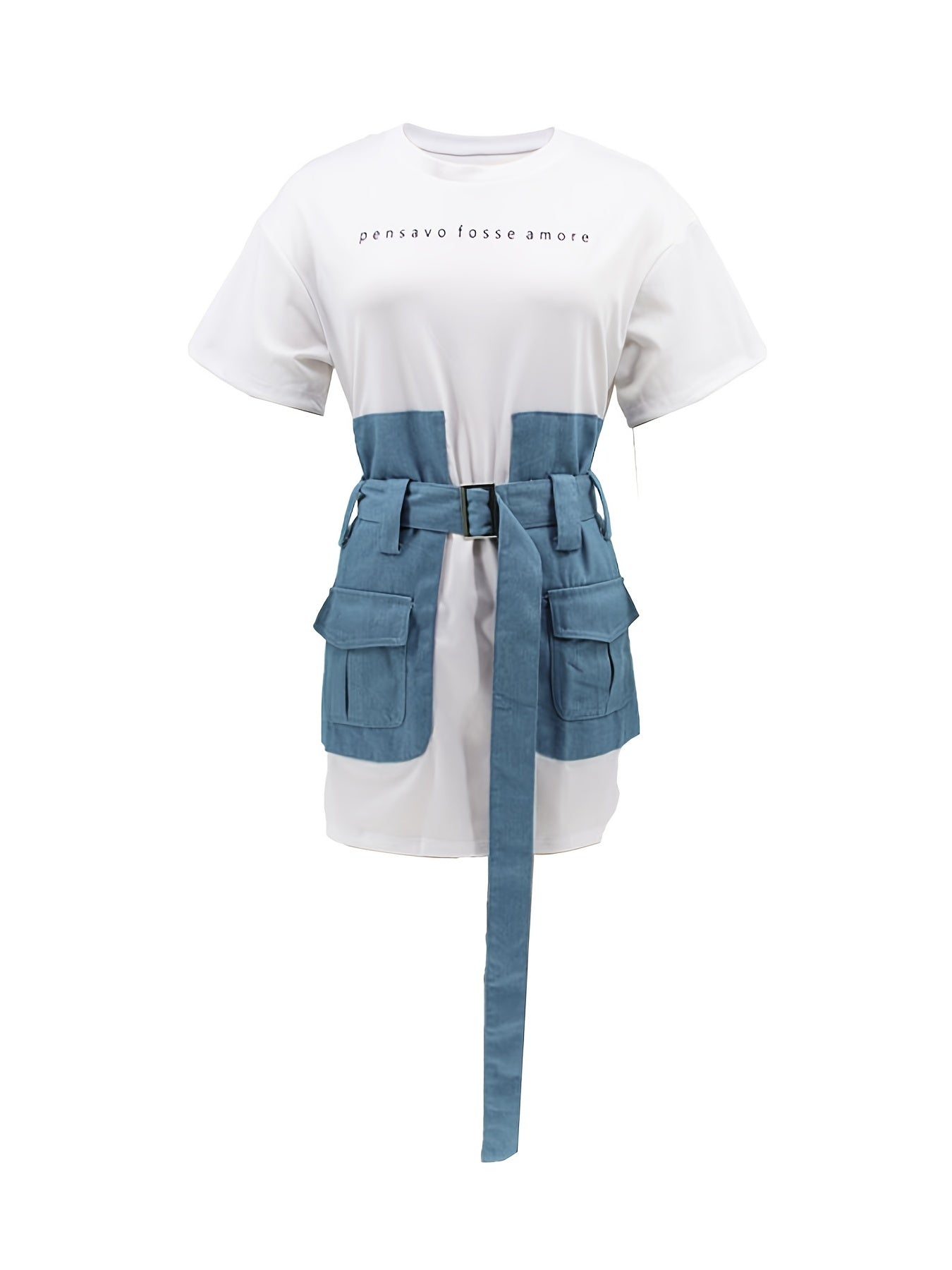 Western Crew Neck Belt Dress, Casual Loose Short Sleeve Denim Stitching Waist Summer Dresses, Women's Clothing