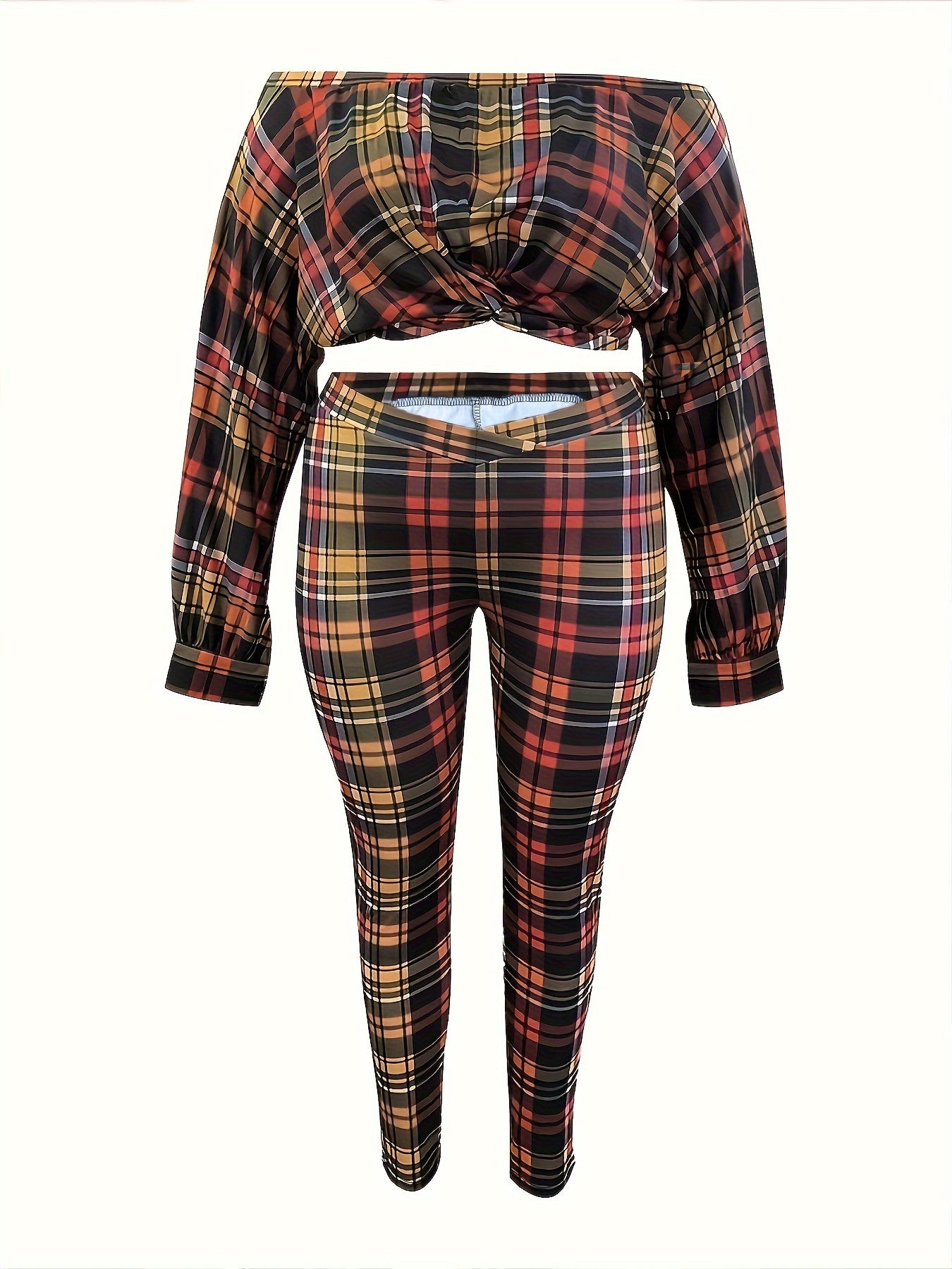 Plus Size Sexy Outfits Set, Women's Plus Plaid Print Twist Front Off Shoulder Long Sleeve Crop Top & Leggings Outfits Two Piece Set