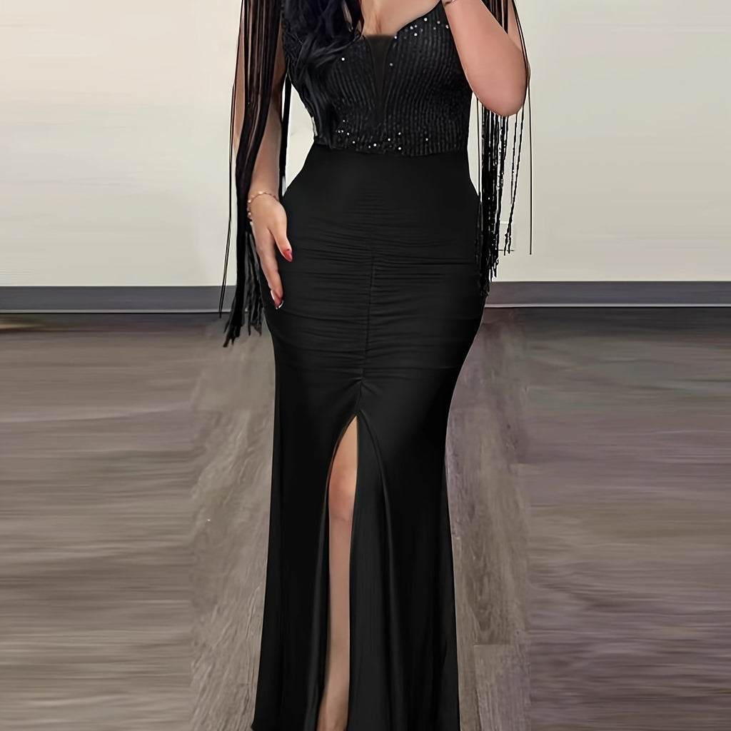 Stunning Solid Tassel Trim Bodycon Dress - Women's Party Dresses with Elegant Cut Out Back Split Thigh Design, Figure-Hugging Silhouette, and Chic Accessories for a Glamorous Night Out