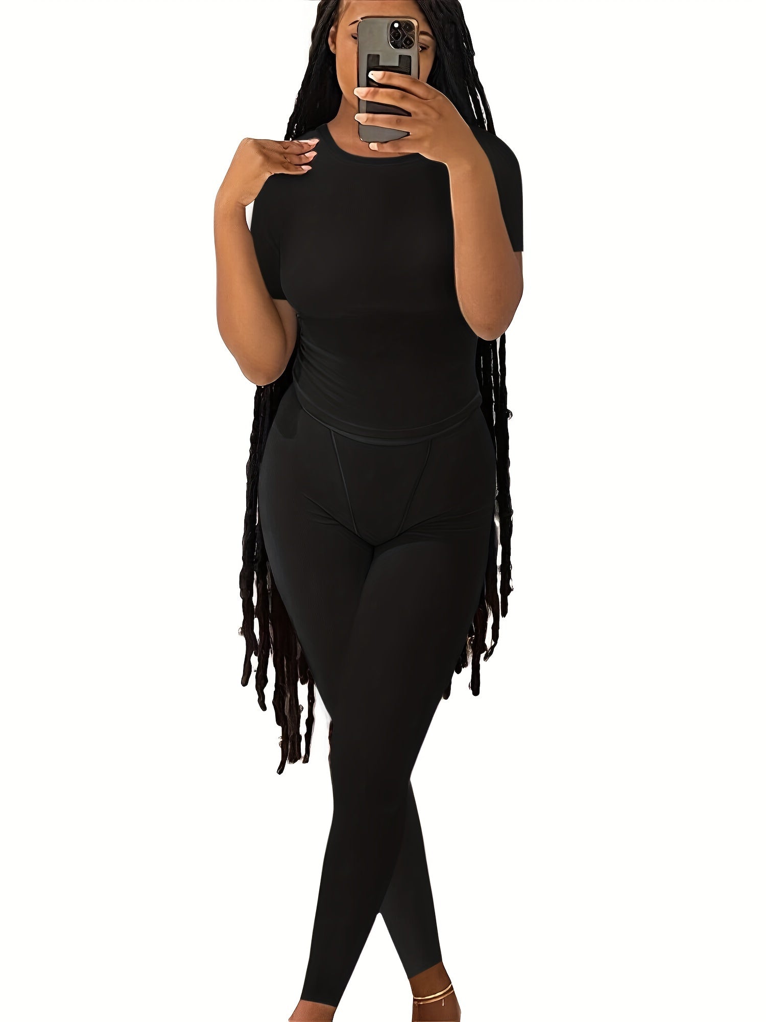 Casual Solid Two-piece Set, Crew Neck Short Sleeve Top & Skinny Pants Outfits, Women's Clothing