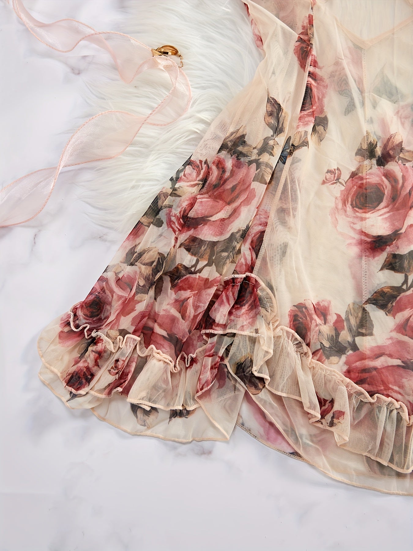 Chic Floral Ruffle Trim Nightdress - Round Neck, Crisscross Backless Design, Soft Sleep Mini Dress for Women - Comfortable Sleepwear & Dresses for a Relaxing Night's Sleep