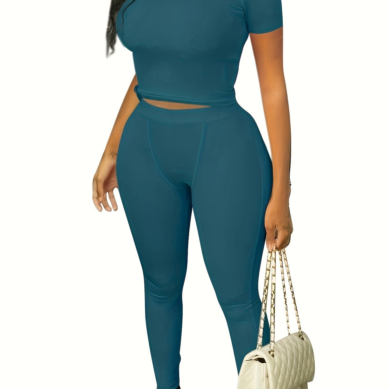 Casual Solid Two-piece Set, Crew Neck Short Sleeve Top & Skinny Pants Outfits, Women's Clothing