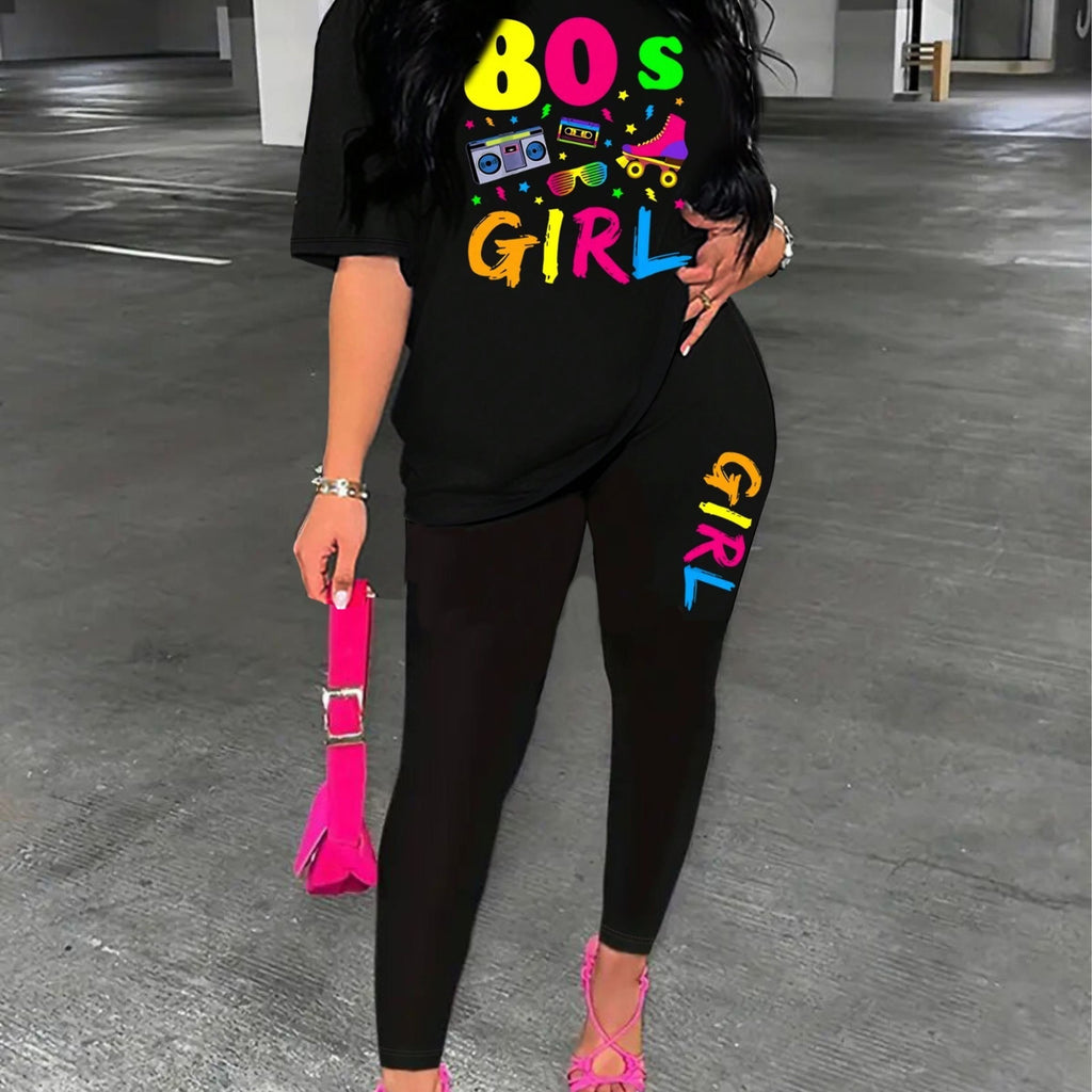 Women's Letter Print Two-piece Set - Casual Short Sleeve Crew Neck T-shirt & Skinny Leggings Outfits - For Women - Suitable for Casual Wear - Perfect Gift for Fashionable Women