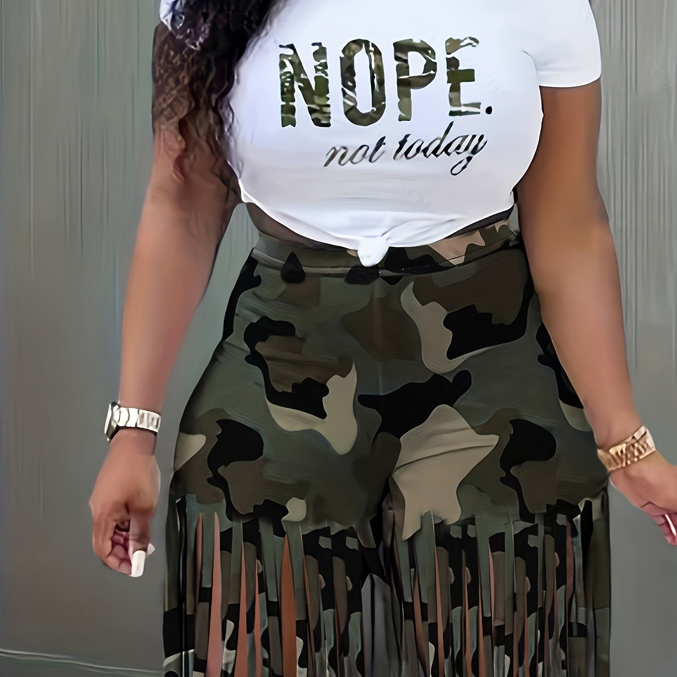 Plus Size, Camouflage Casual Print Fringe Patchwork O-Neck Short Sleeve Two-Piece Set