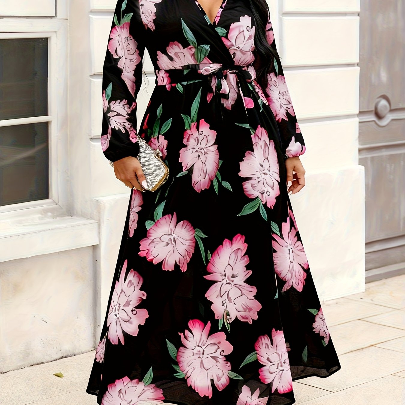 Plus Size, Women's Plus Size Maxi Dress V-Neck Tropical Print A-Line Beach Dress with - Semi-Sheer H-Line Maxi Dress Suitable for Resort Wear, Summer Dresses, Casual Outfits - Machine Washable Long Maxi Length