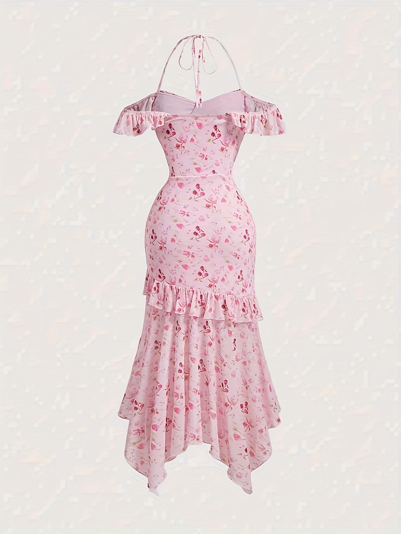 Women's Elegant Floral Print Off-Shoulder Summer Dress - Asymmetrical Ruffled Hem, High Elasticity Fitted Silhouette, Machine Washable for Casual & Formal Occasions, Cute Summer Dresses, Formal Occasion Wear, Stretchy Fabric,