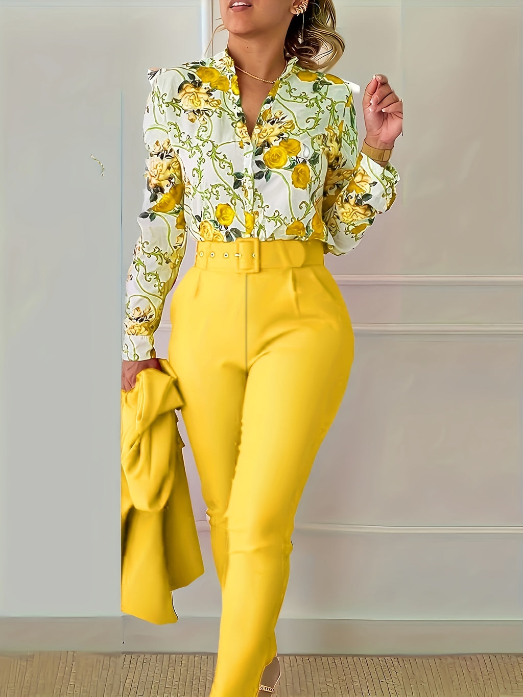 Elegant Two-piece Set, Floral Print V Neck Long Sleeve Blouse & Solid Belted Tapered Pants Outfits, Women's Clothing