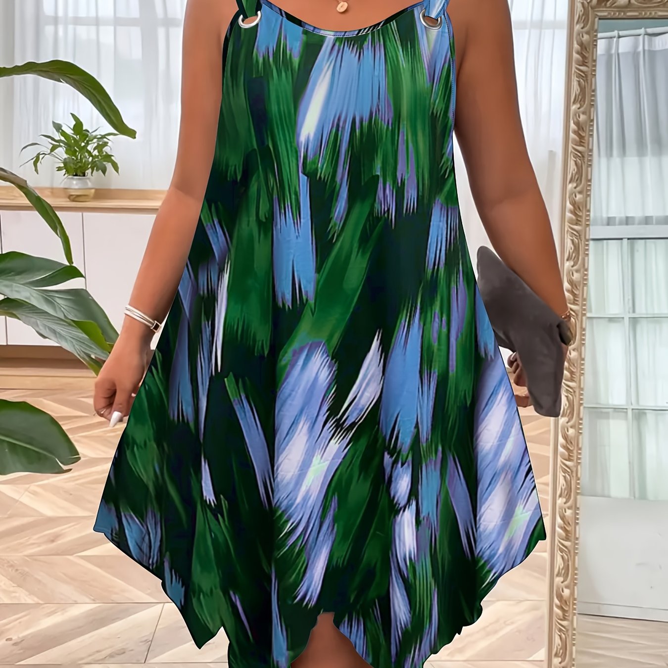 Plus Size Women's Elegant Sleeveless Summer Dress - Gradient Print with Pockets, Asymmetrical Hem & Round Neck, Machine Washable Casual to Semi-Formal Wear, Casual Summer Dresses, Lightweight Fashion, Round Neckline, Flowy Si