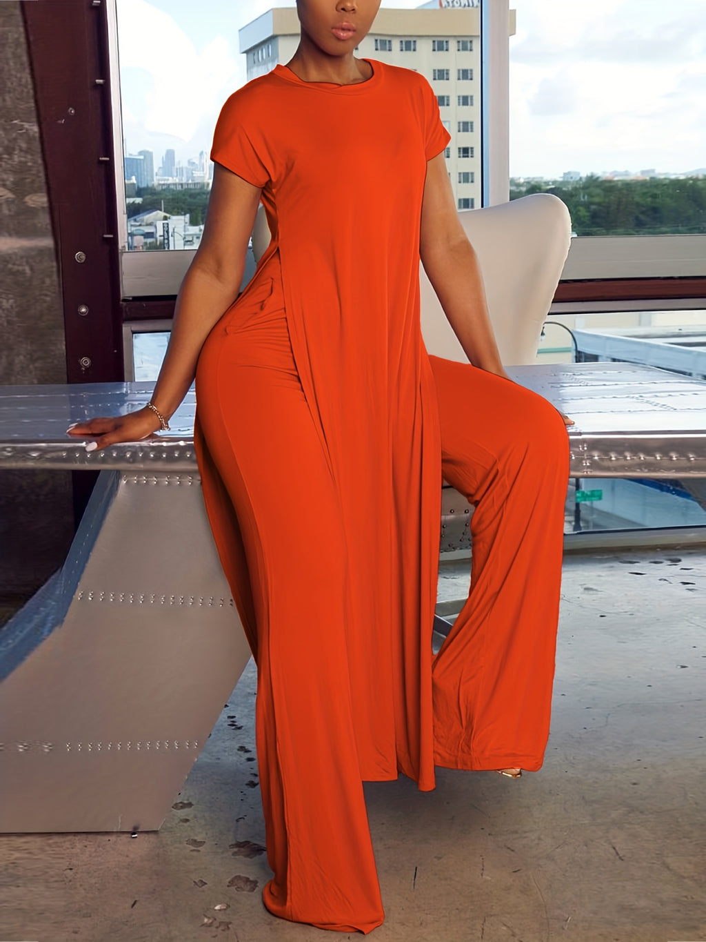 Two-Piece Casual Matching Set - Crew Neck Split T-Shirt & Wide Leg Pants Outfit with Micro Elasticity, Polyester Fabric, Solid Color, and Knit Construction for All Seasons