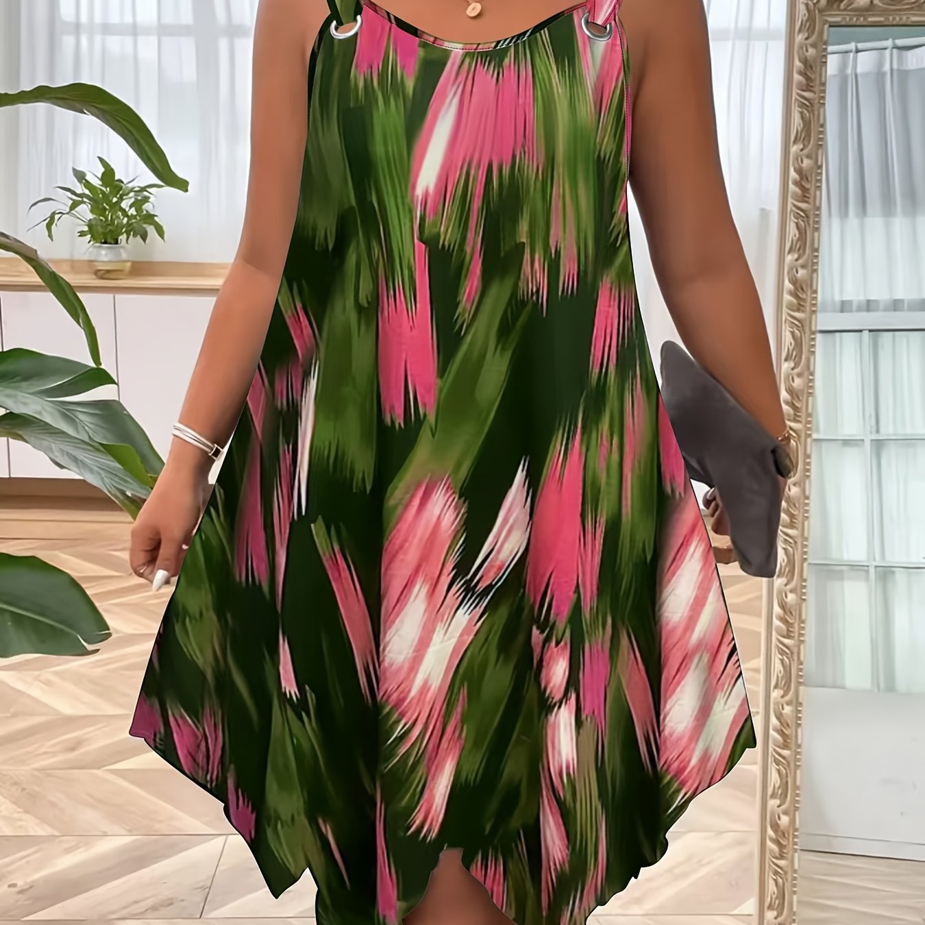 Plus Size Women's Elegant Sleeveless Summer Dress - Gradient Print with Pockets, Asymmetrical Hem & Round Neck, Machine Washable Casual to Semi-Formal Wear, Casual Summer Dresses, Lightweight Fashion, Round Neckline, Flowy Si
