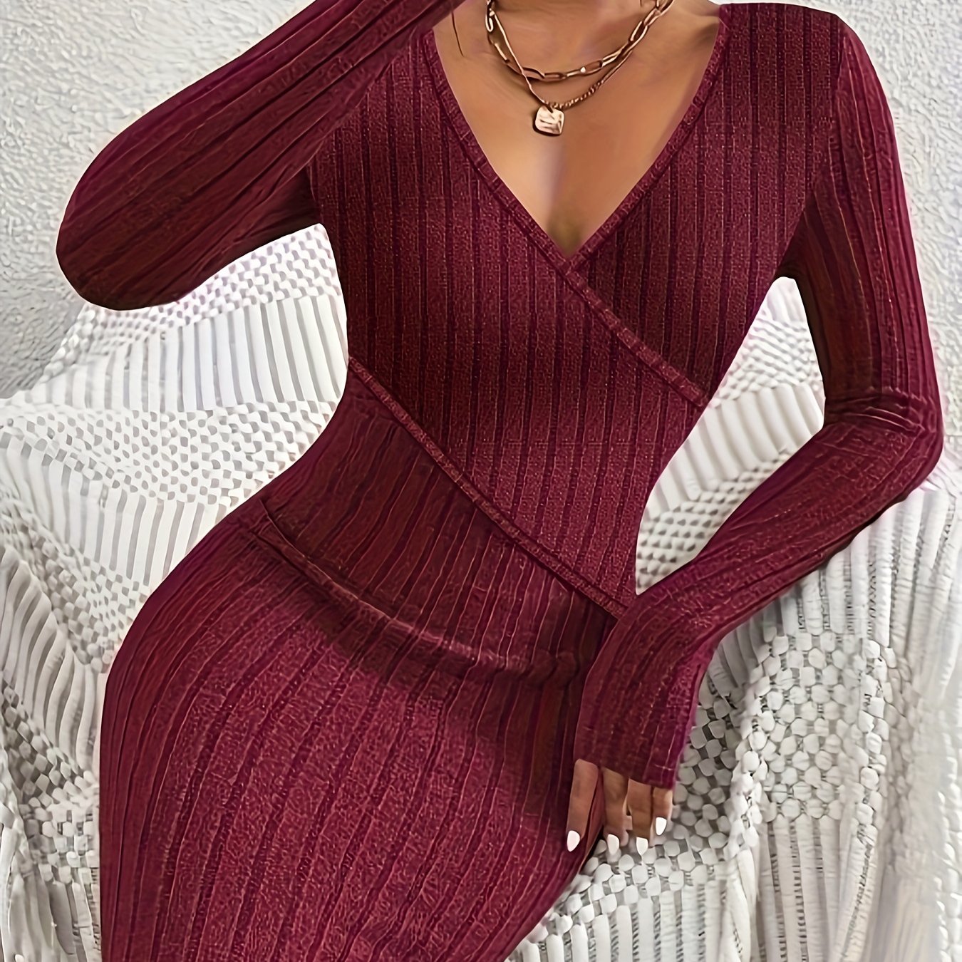 Vibrant Ribbed Bodycon Dress - Elegant Women's Long Sleeve V Neck Dresses for Everyday Wear - Solid Color, Comfortable, and Flattering