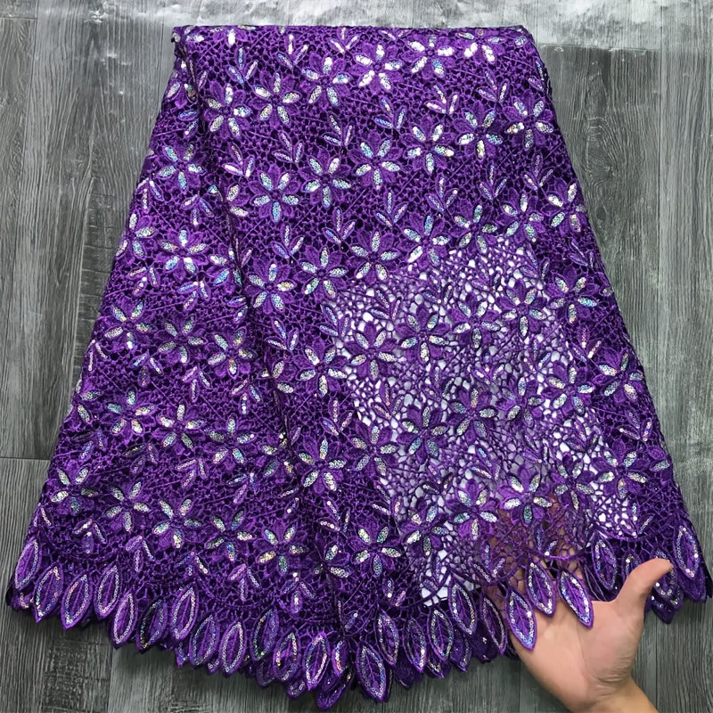 1pc 5 Yards White Guipure Cord Lace Fabric with Sequins - 100% Polyester French Water Soluble Lace, Floral Pattern Precut Fabric for Elegant Women's Dresses, Hand Wash Only, Wedding Attire | Sophisticated Style | Texture