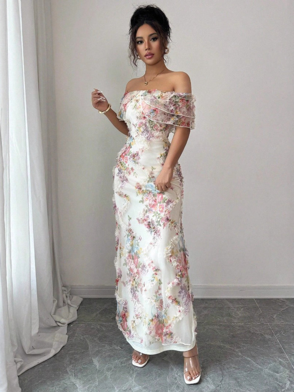Women'S Elegant Romantic Ruffled Off-Shoulder Floral Print Maxi Dress - Lightweight Breathable Mesh A-Line H-Line Silhouette with Short Sleeves & Round Neck, Spring Summer Formal & Semi-Formal Evening Party Wedding Guest Dres